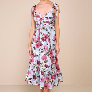 Lulus Lush Loveliness Light Blue Floral Jacquard Tie-strap Midi Dress - Size M